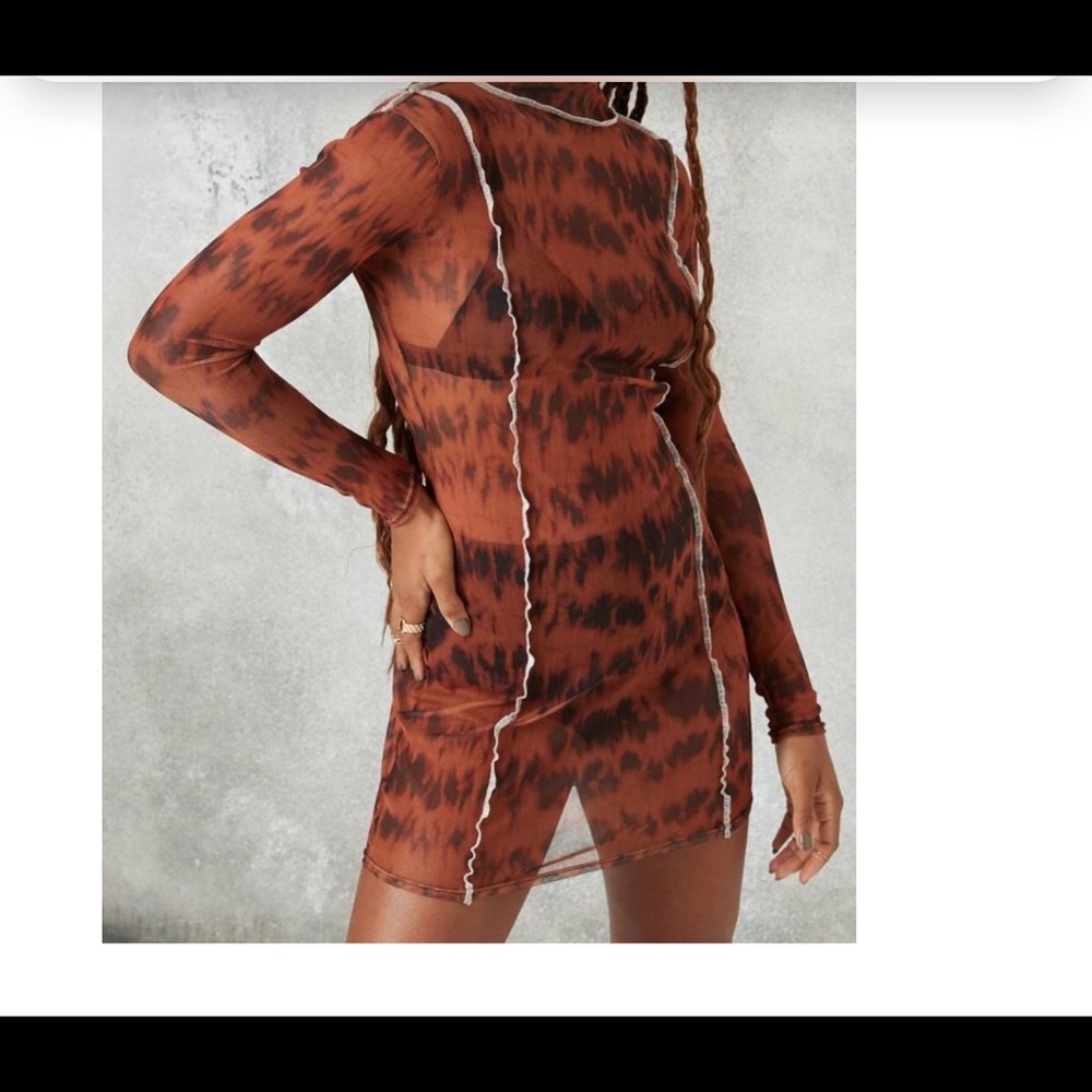 Brown Overlocked Detailed Mesh Dress